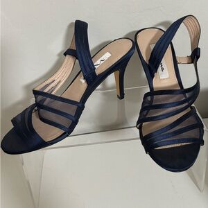 Sophisticated Blue Satin Heels with Sheer Panels